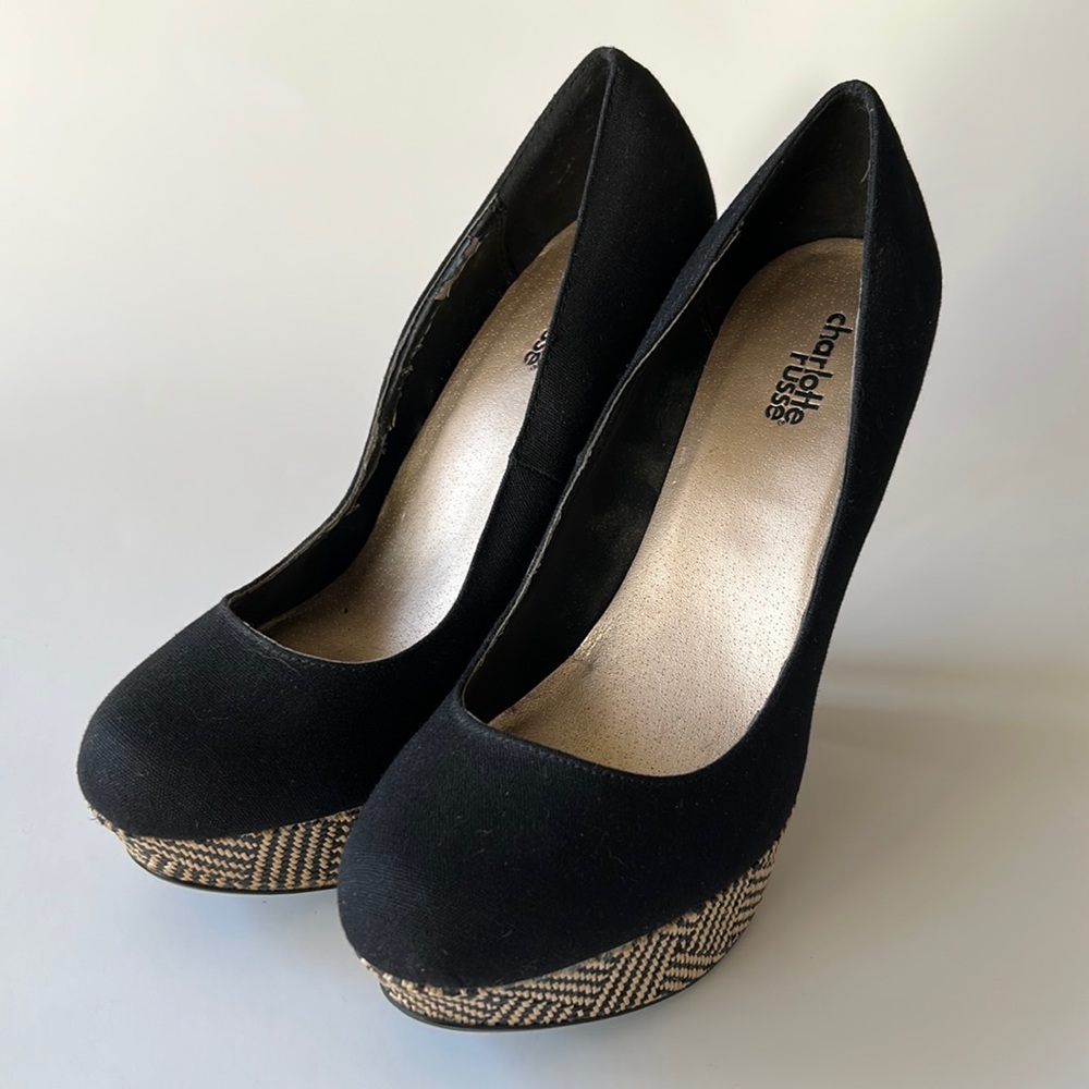 Charlotte Russe Tribal Geometric Woven Print Platform Black High Heels Sz 8